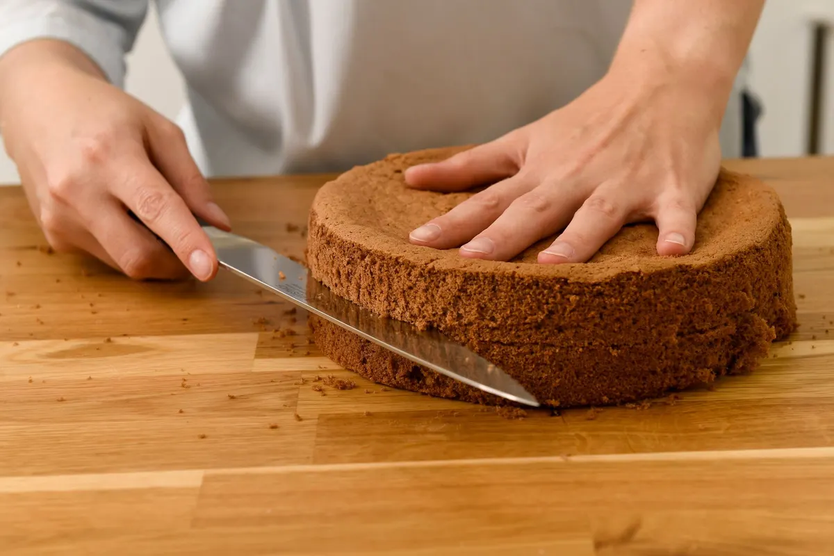 Unas manos abriendo un bizcocho de chocolate con un cuchillo largo sobre una mesa de madera, con migas repartidas por la tabla