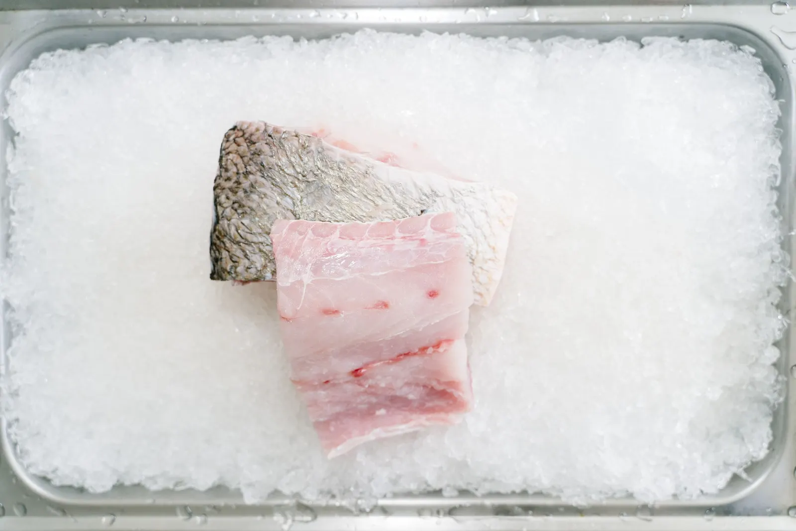 Filetes de pescado blanco fresco sobre hielo picado en una bandeja de acero inoxidable