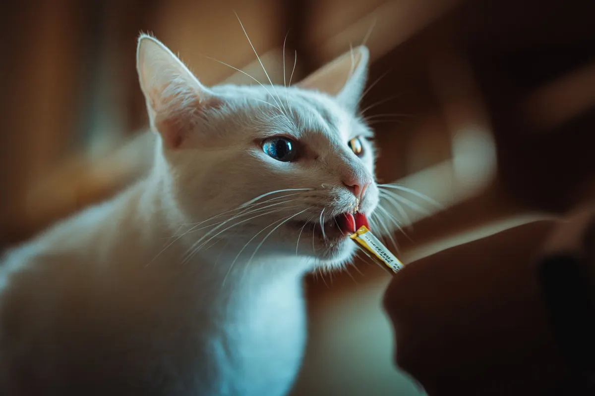 Gato comiendo un snack de carne liofilizada