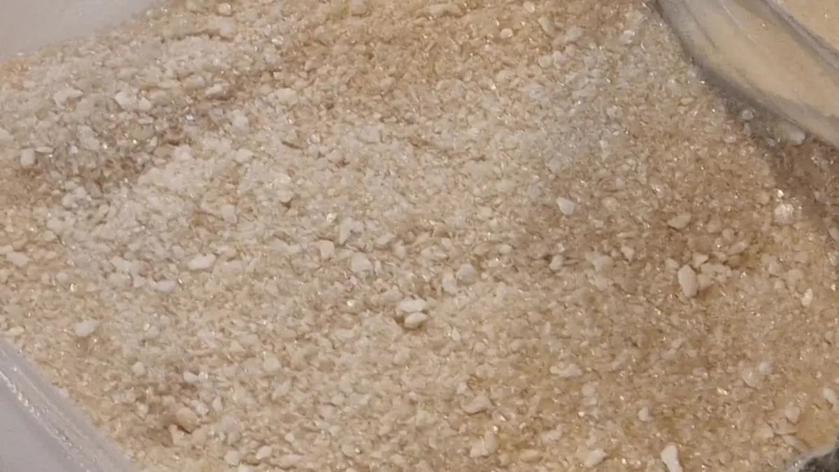 Primer plano de caldo de vacuno liofilizado grueso, con partículas irregulares de color dorado pálido y fragmentos porosos visibles