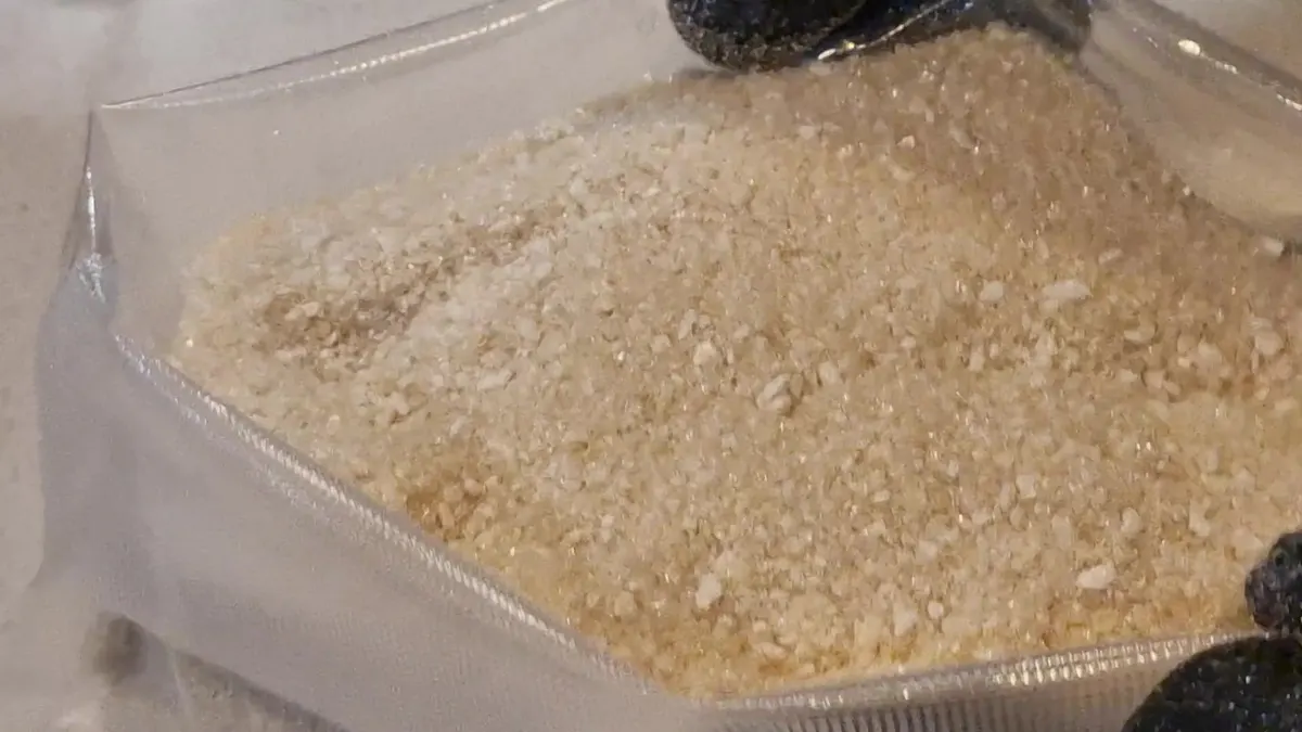 Caldo de vacuno liofilizado asentado en una bolsa barrera transparente, con las partículas gruesas visibles junto al sellado