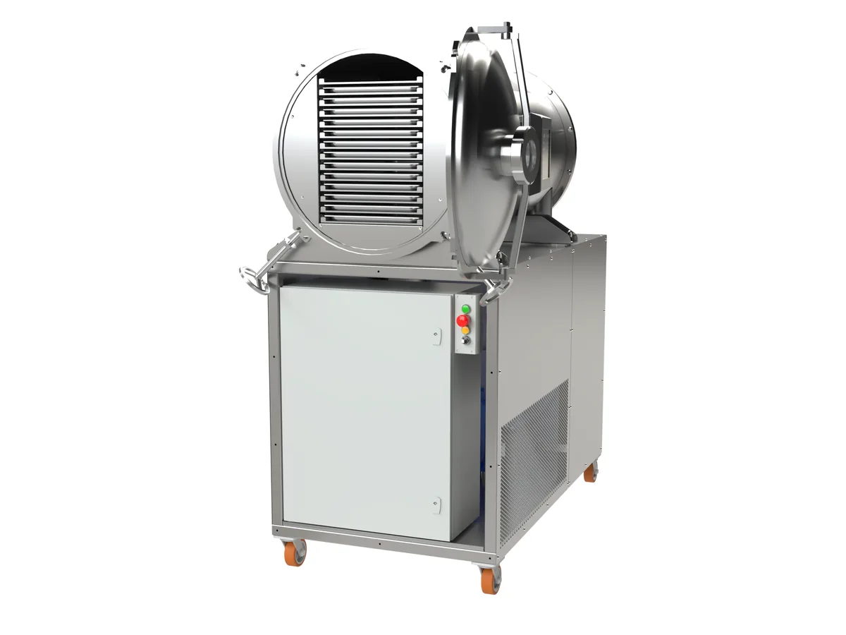 LEO-030L freeze dryer — door open, shelf stack visible