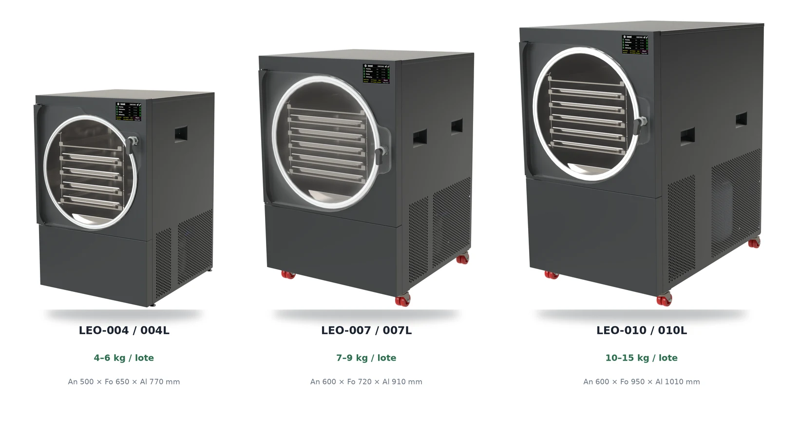 Comparación de tamaño de la gama Leosmak LEO en Negro — LEO-004/004L, 007/007L y 010/010L a escala.